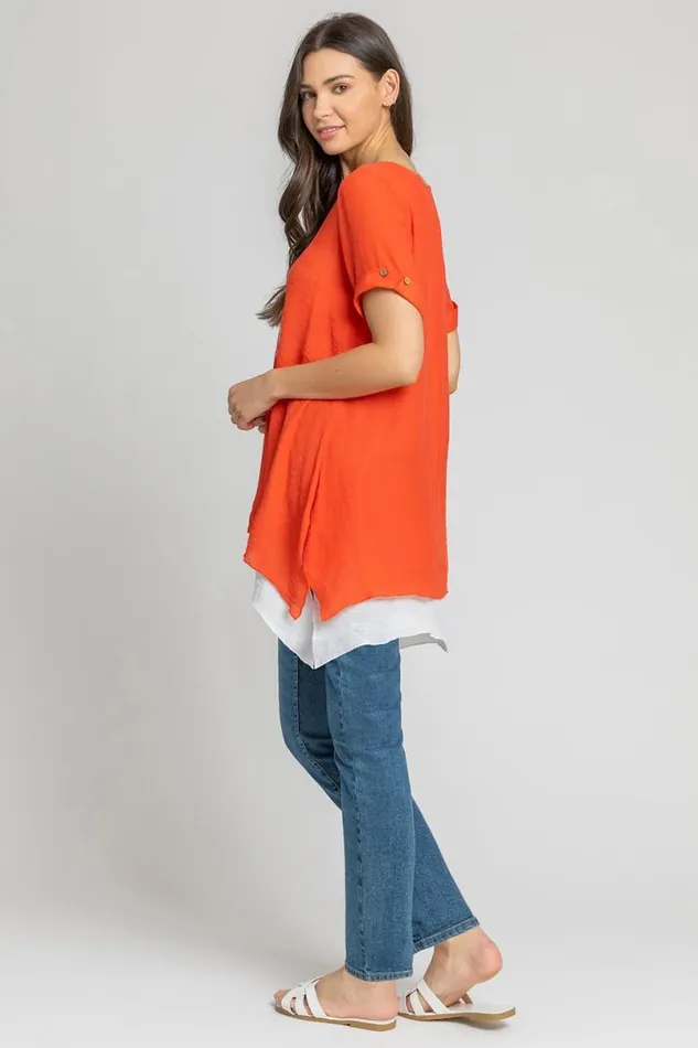 Dark Orange Dandelion Floral Hanky Hem Tunic Top Women Roman Tops