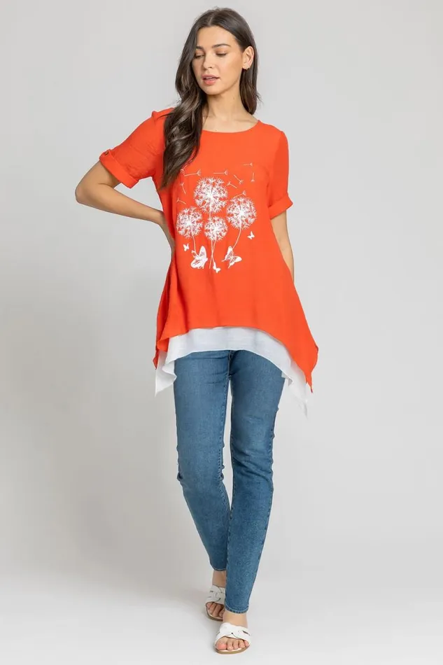 Dark Orange Dandelion Floral Hanky Hem Tunic Top Women Roman Tops