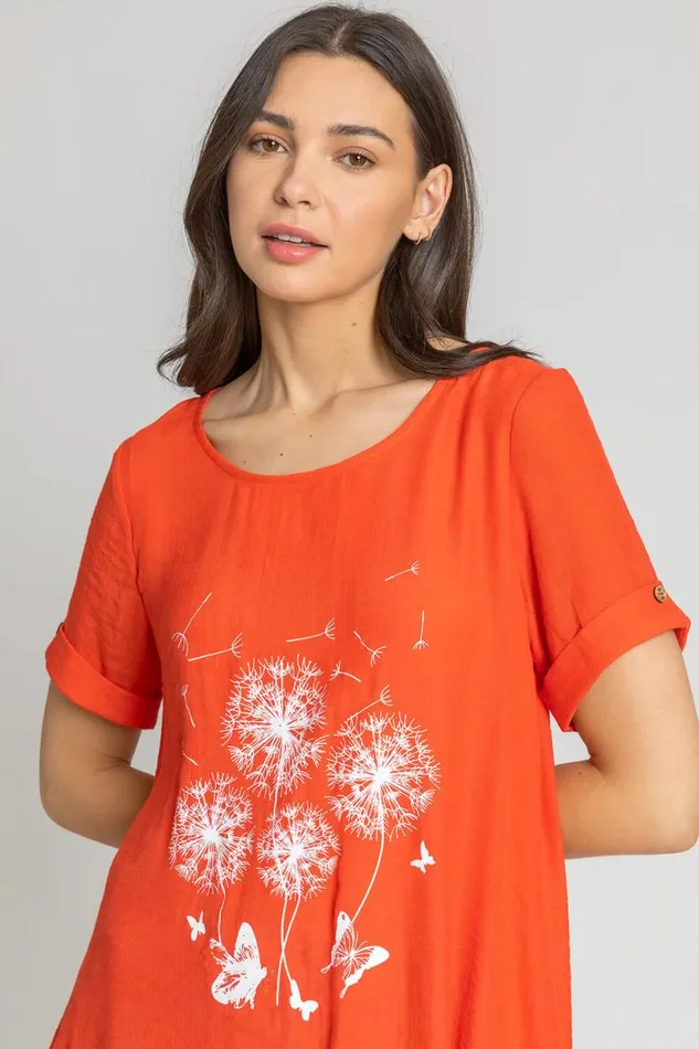 Dark Orange Dandelion Floral Hanky Hem Tunic Top Women Roman Tops