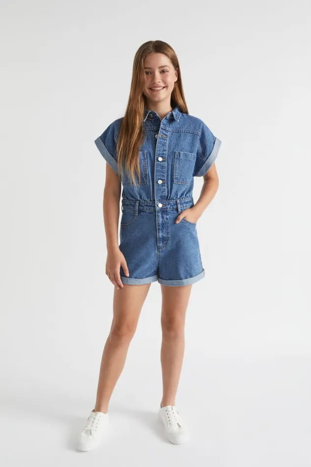 Denim and Jeans Teen Girl Seed Heritage Denim Button Jumpsuit Classic Blue