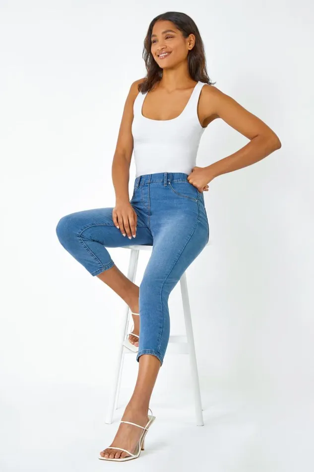 Denim Blue Elastic Waist Cropped Denim Jegging Women Roman Coords