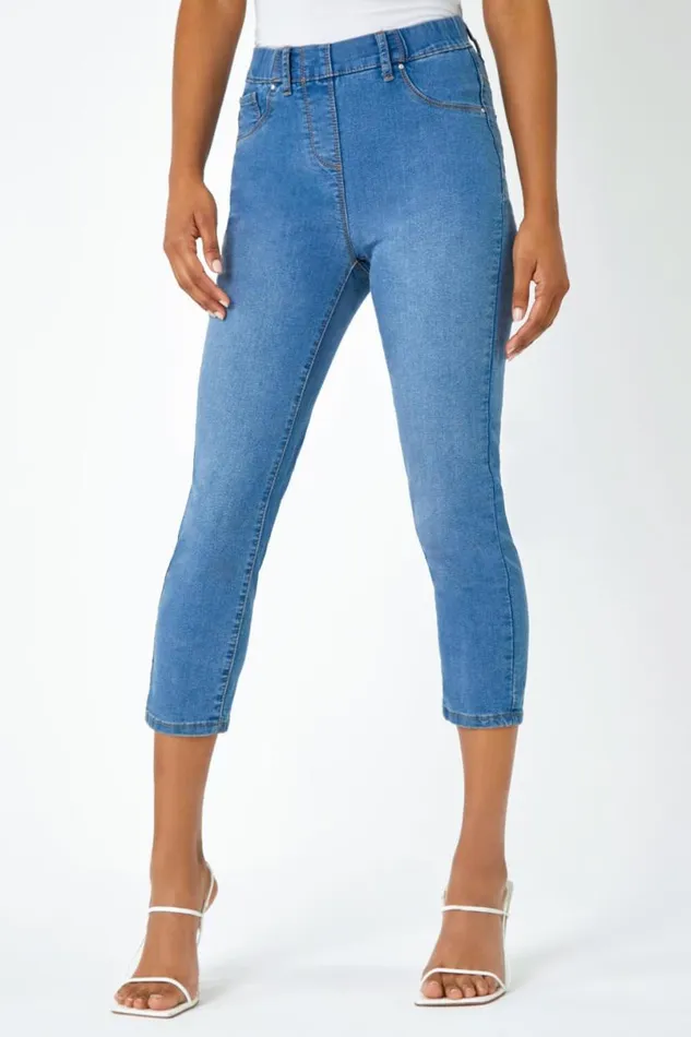 Denim Blue Elastic Waist Cropped Denim Jegging Women Roman Coords