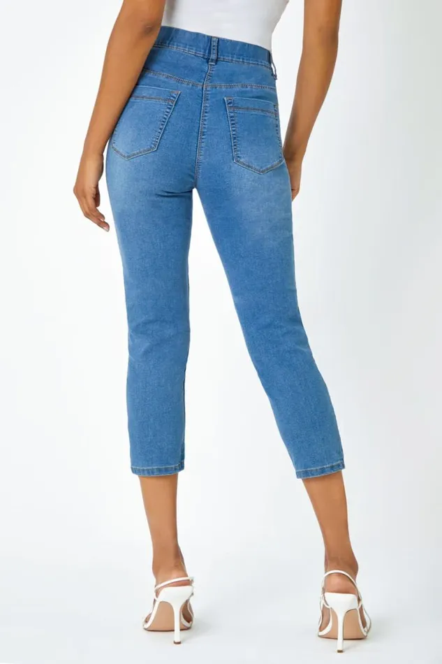 Denim Blue Elastic Waist Cropped Denim Jegging Women Roman Coords