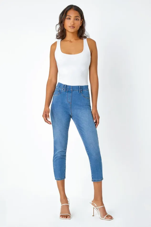 Denim Blue Elastic Waist Cropped Denim Jegging Women Roman Coords