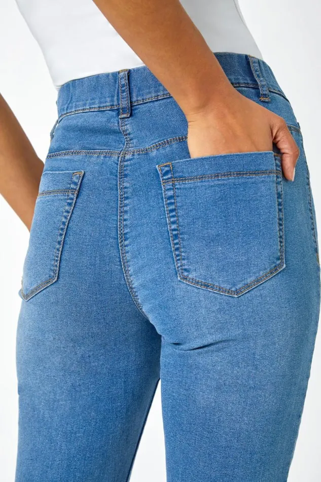 Denim Blue Elastic Waist Cropped Denim Jegging Women Roman Coords