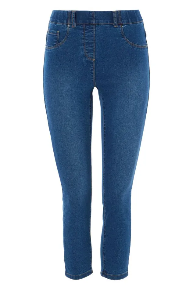 Denim Blue Elastic Waist Cropped Denim Jegging Women Roman Coords