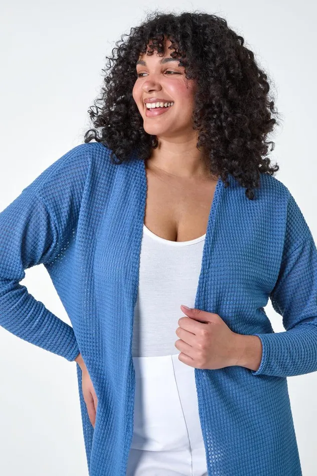 Denim Curve Textured Longline Cardigan Women Roman Knitwear