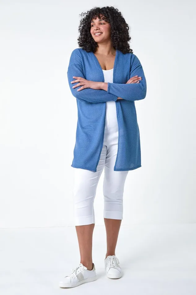 Denim Curve Textured Longline Cardigan Women Roman Knitwear