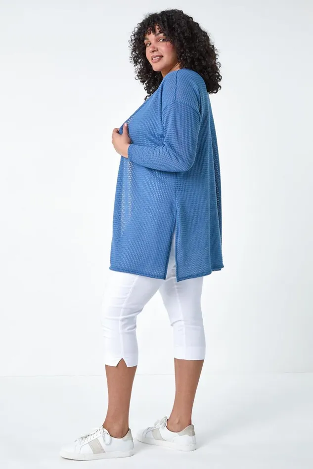 Denim Curve Textured Longline Cardigan Women Roman Knitwear