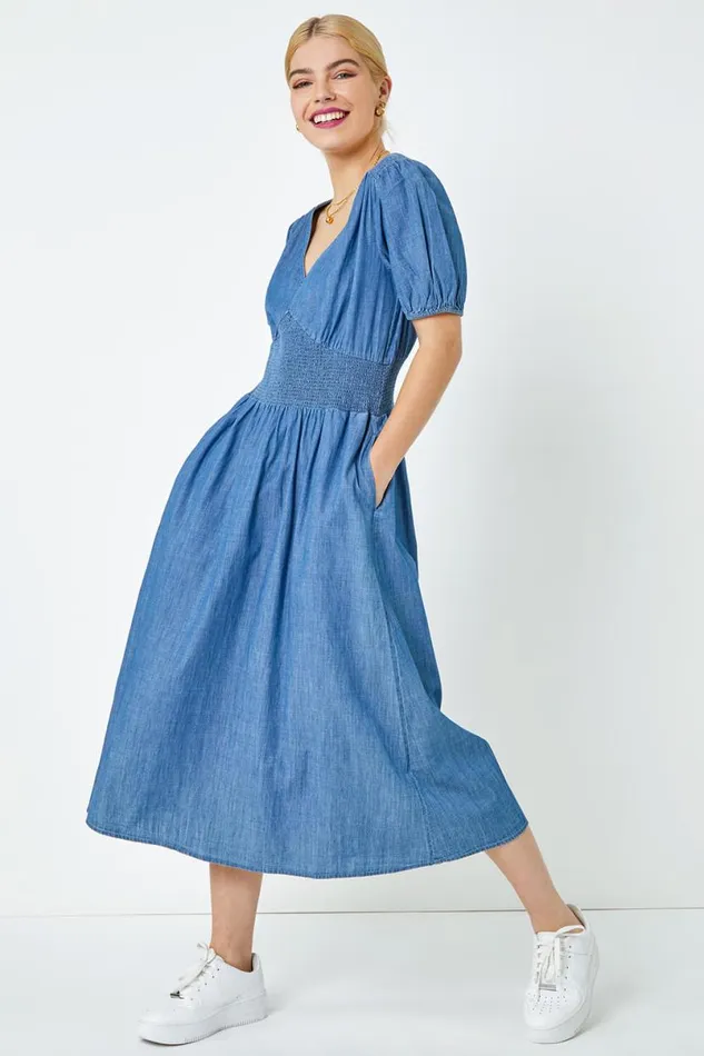 Denim Shirred Waist Pocket Midi Dress Women Roman Dresses