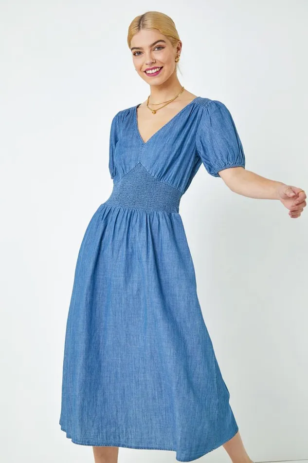 Denim Shirred Waist Pocket Midi Dress Women Roman Dresses