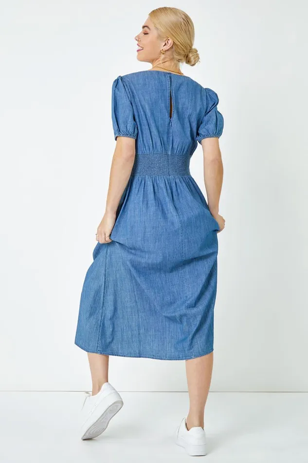 Denim Shirred Waist Pocket Midi Dress Women Roman Dresses