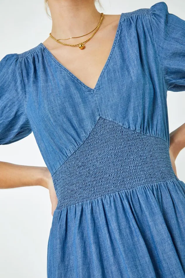 Denim Shirred Waist Pocket Midi Dress Women Roman Dresses