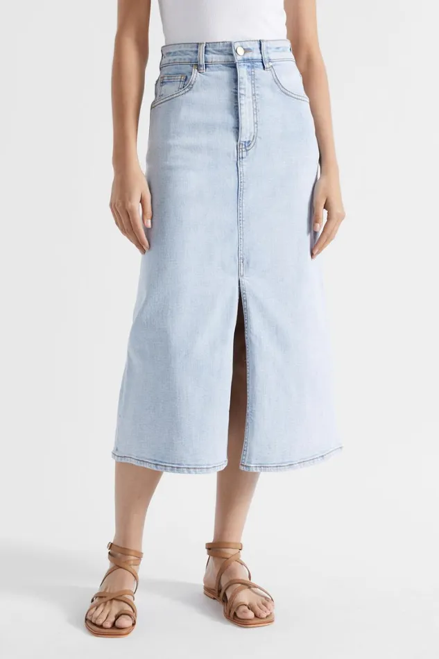 Denim Woman Seed Heritage Denim Flared Midi Skirt Pacific Wash