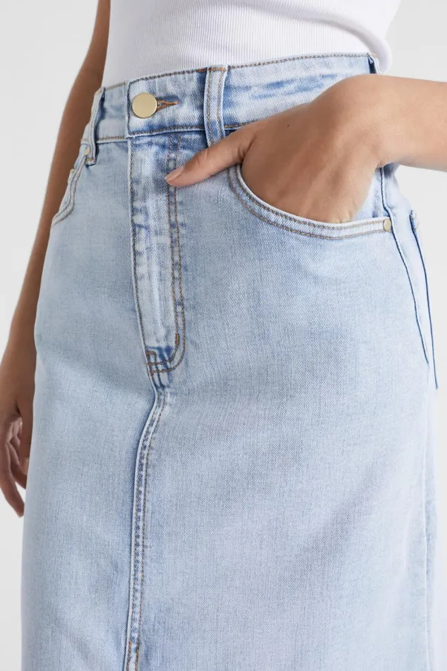 Denim Woman Seed Heritage Denim Flared Midi Skirt Pacific Wash