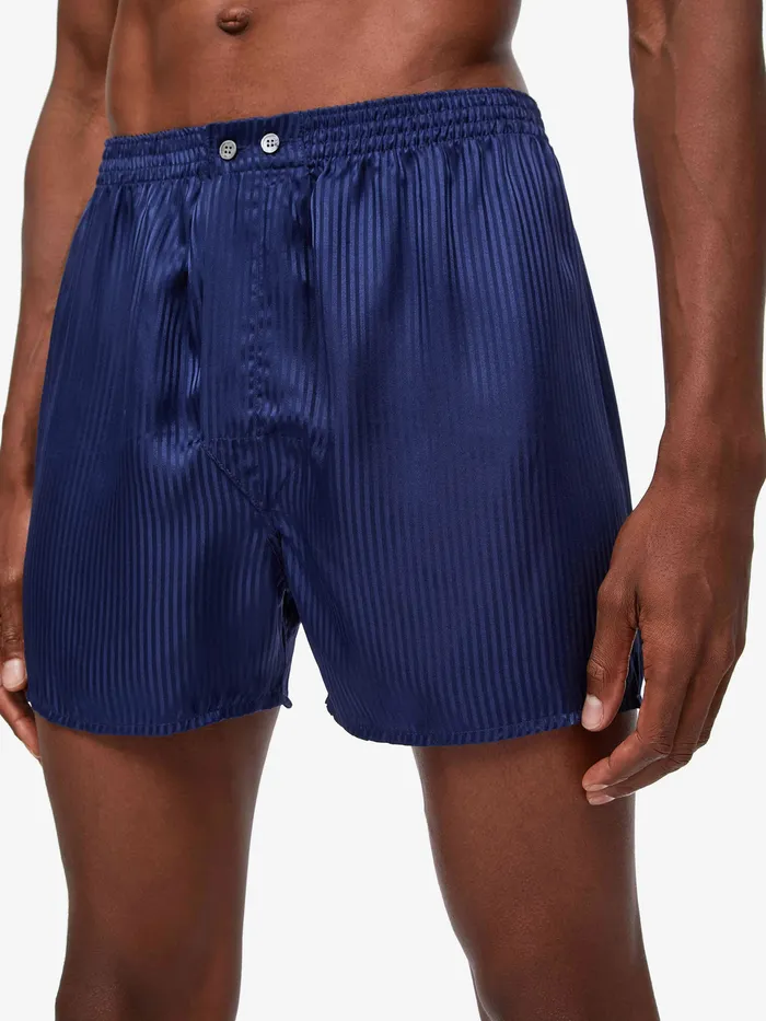 Derek Rose Classic Fit Boxers Woburn Silk Satin Navy Men Classic Fit Boxer Shorts