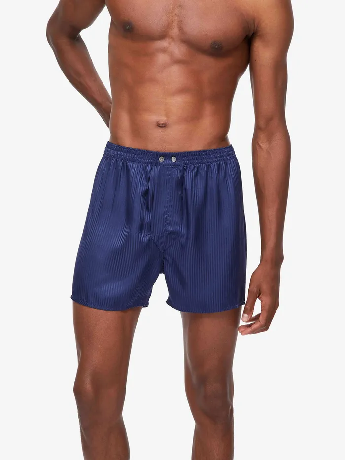 Derek Rose Classic Fit Boxers Woburn Silk Satin Navy Men Classic Fit Boxer Shorts