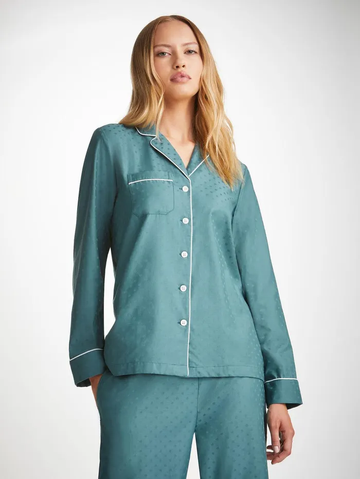 Derek Rose Pajamas Kate 9 Cotton Jacquard Teal Women Cotton Pajamas