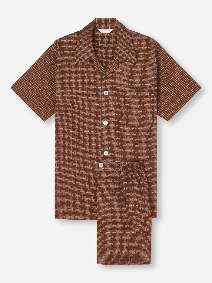 Derek Rose Short Pajamas Ledbury 72 Cotton Batiste Burgundy Men Cotton Pajamas