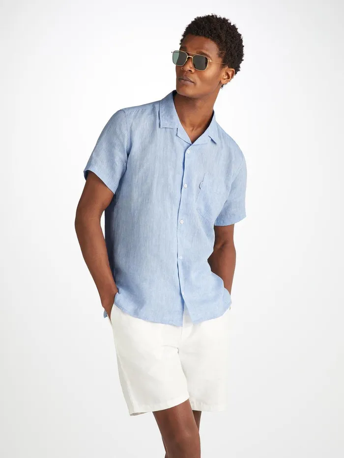 Derek Rose Short Sleeve Shirt Monaco Linen Blue Men Casual Shirts