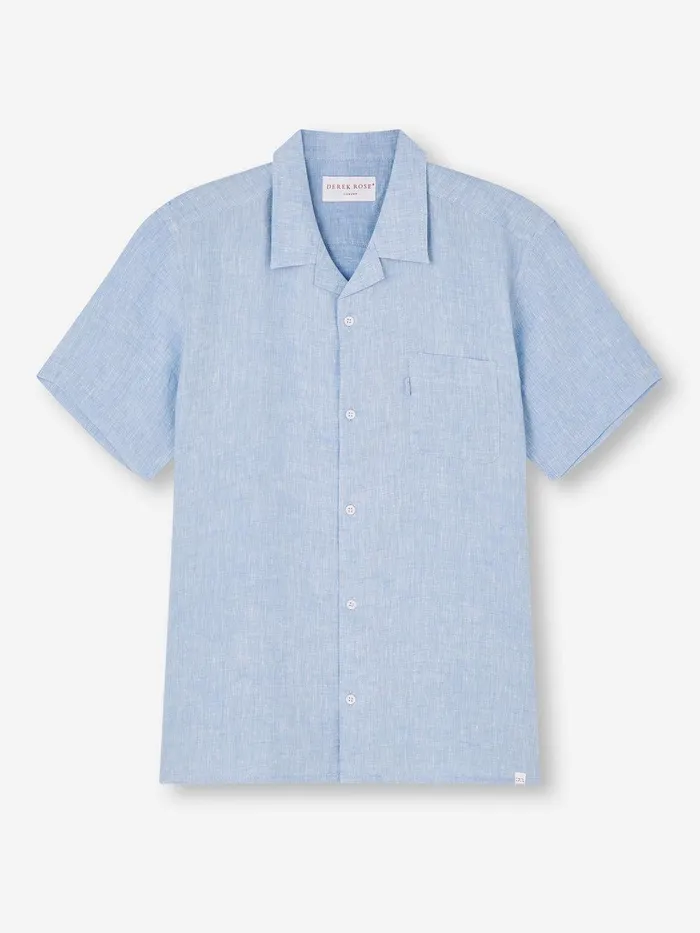 Derek Rose Short Sleeve Shirt Monaco Linen Blue Men Casual Shirts