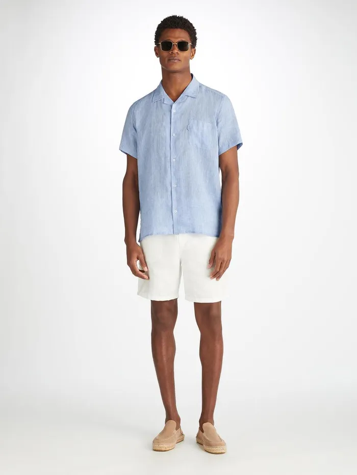 Derek Rose Short Sleeve Shirt Monaco Linen Blue Men Casual Shirts