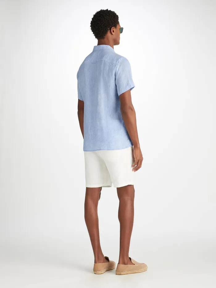 Derek Rose Short Sleeve Shirt Monaco Linen Blue Men Casual Shirts