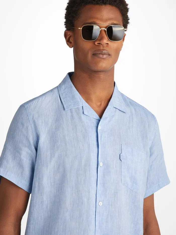Derek Rose Short Sleeve Shirt Monaco Linen Blue Men Casual Shirts
