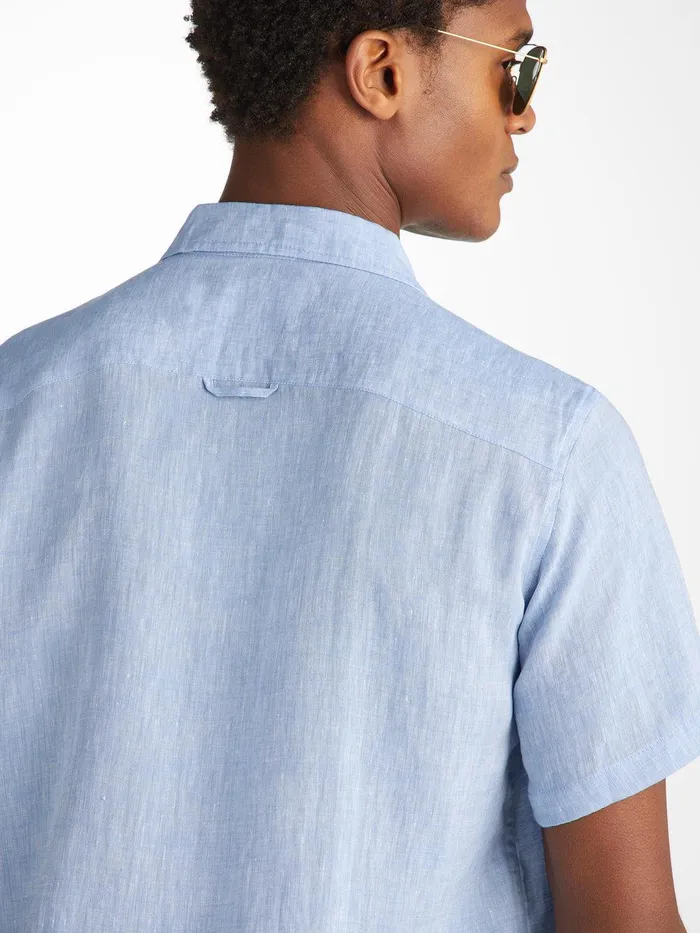 Derek Rose Short Sleeve Shirt Monaco Linen Blue Men Casual Shirts
