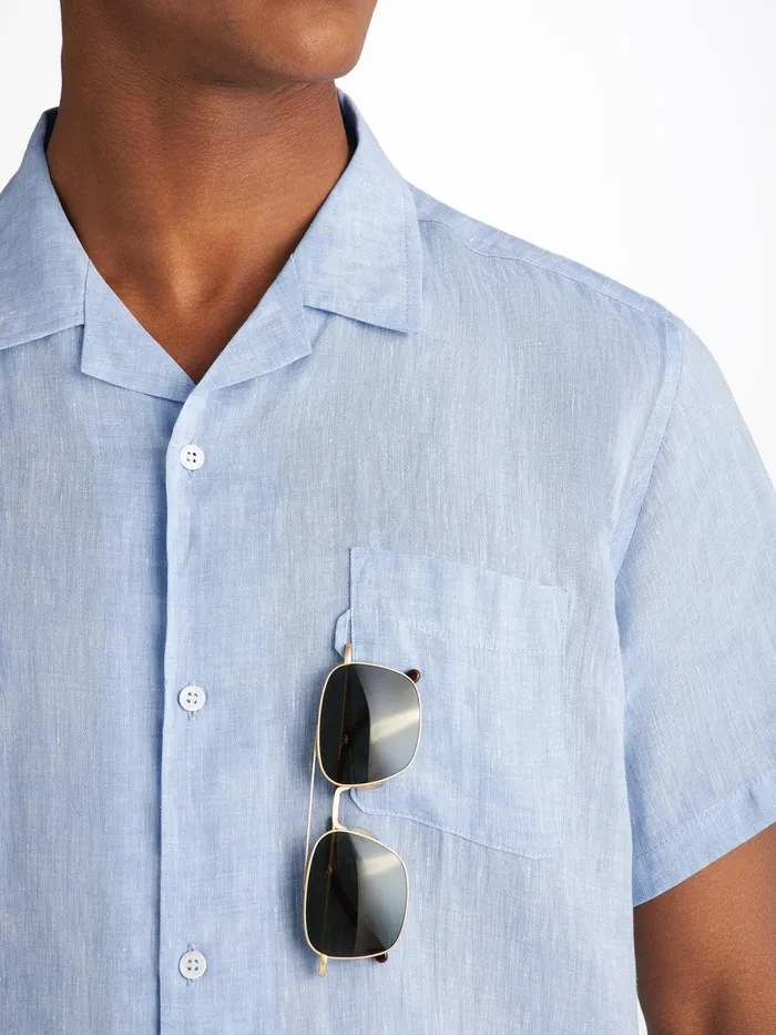 Derek Rose Short Sleeve Shirt Monaco Linen Blue Men Casual Shirts