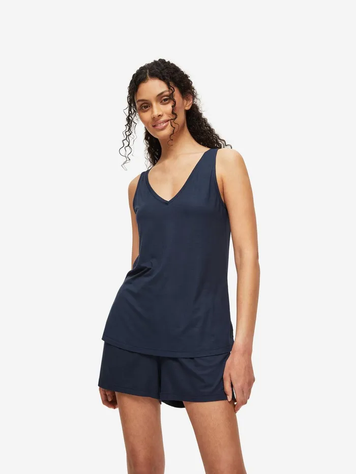 Derek Rose Short Tank Top Pajamas Lara Micro Modal Stretch Navy Women Jersey Pajamas
