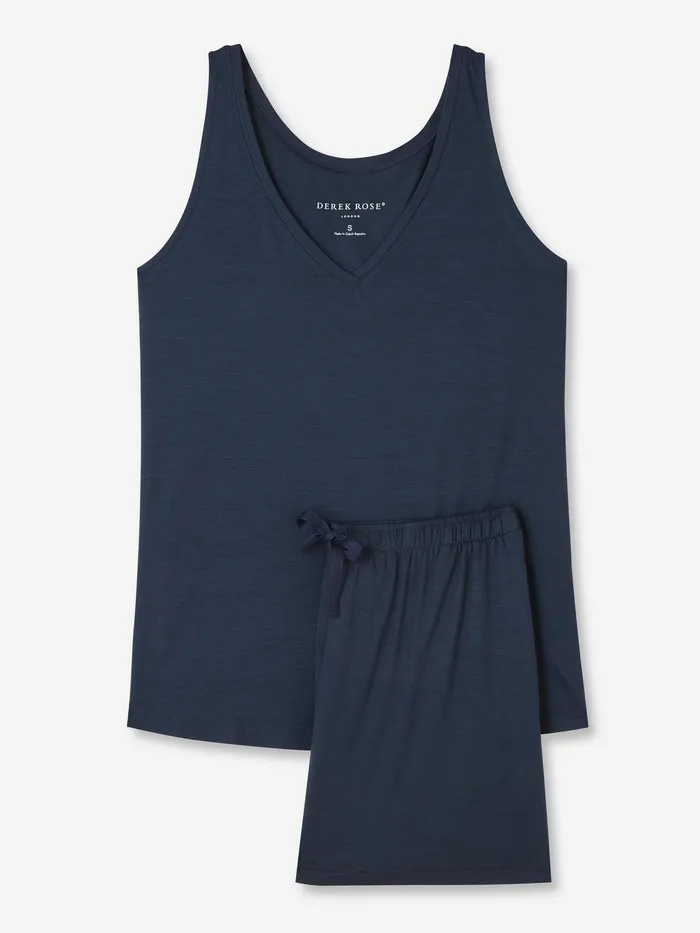 Derek Rose Short Tank Top Pajamas Lara Micro Modal Stretch Navy Women Jersey Pajamas