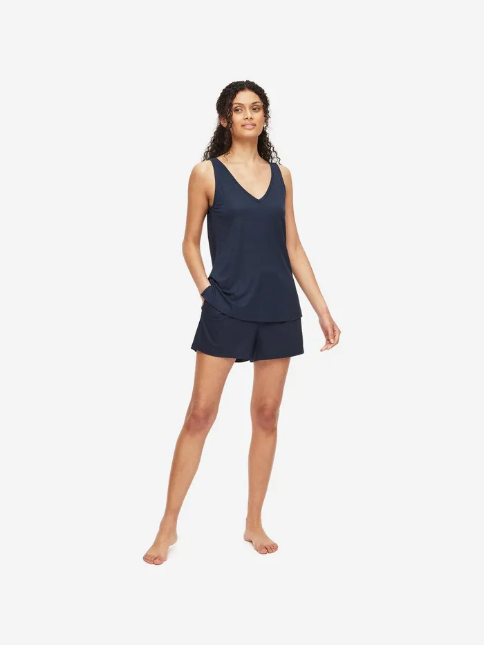 Derek Rose Short Tank Top Pajamas Lara Micro Modal Stretch Navy Women Jersey Pajamas