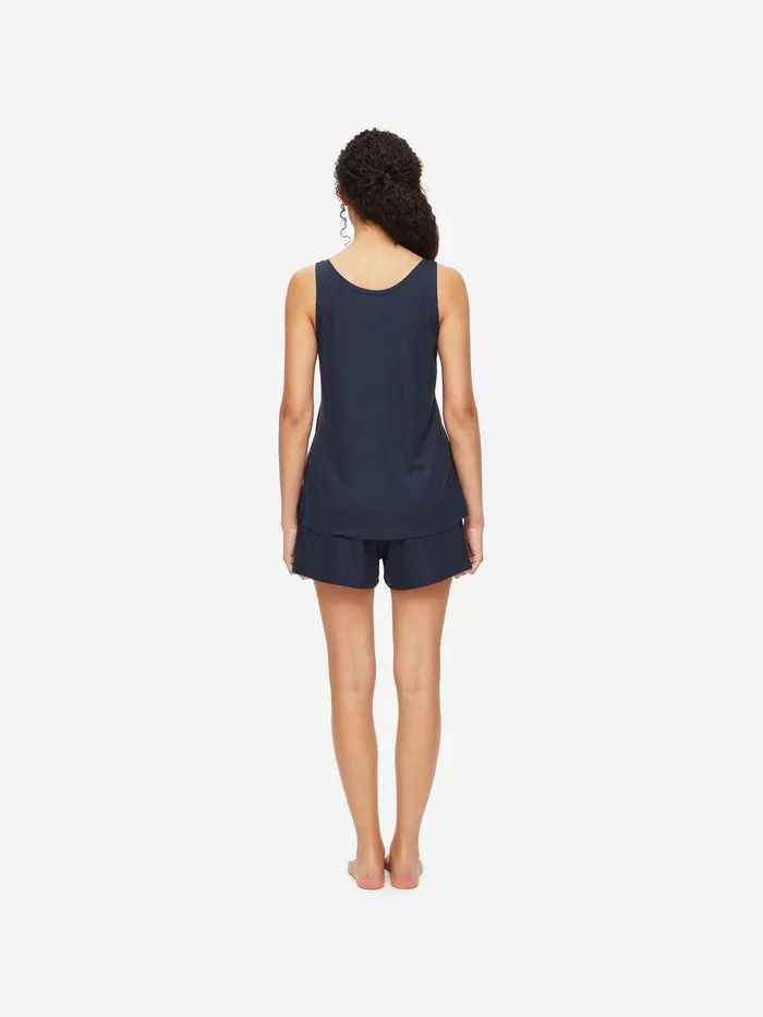 Derek Rose Short Tank Top Pajamas Lara Micro Modal Stretch Navy Women Jersey Pajamas