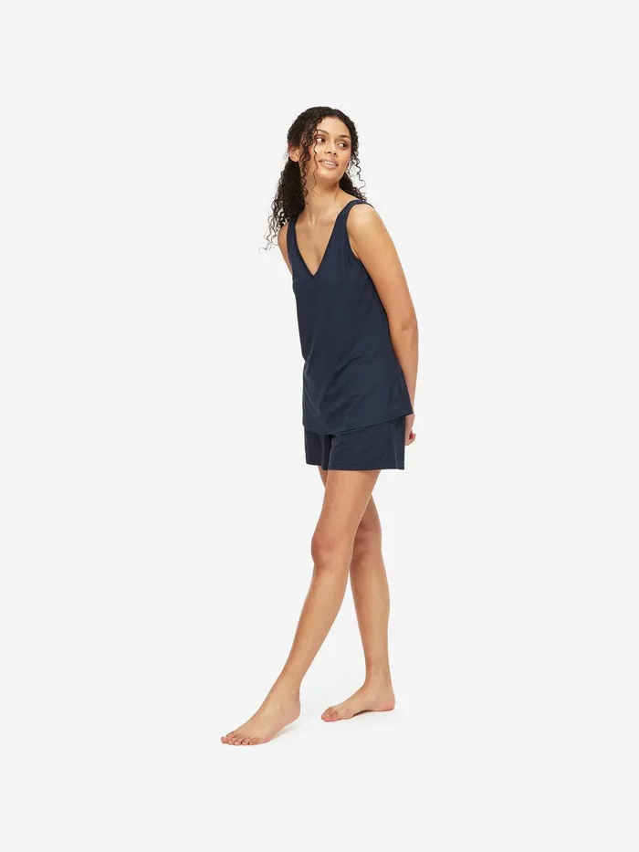 Derek Rose Short Tank Top Pajamas Lara Micro Modal Stretch Navy Women Jersey Pajamas