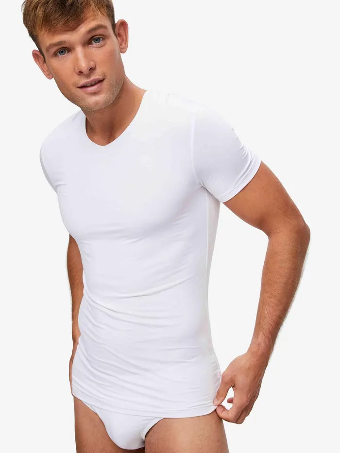 Derek Rose Underwear VNeck TShirt Alex Micro Modal Stretch White Men Underwear TShirts