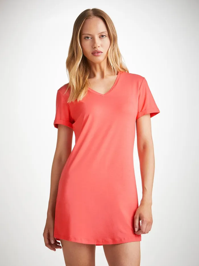Derek Rose VNeck Sleep TShirt Lara Micro Modal Stretch Coral Women Sleep TShirts