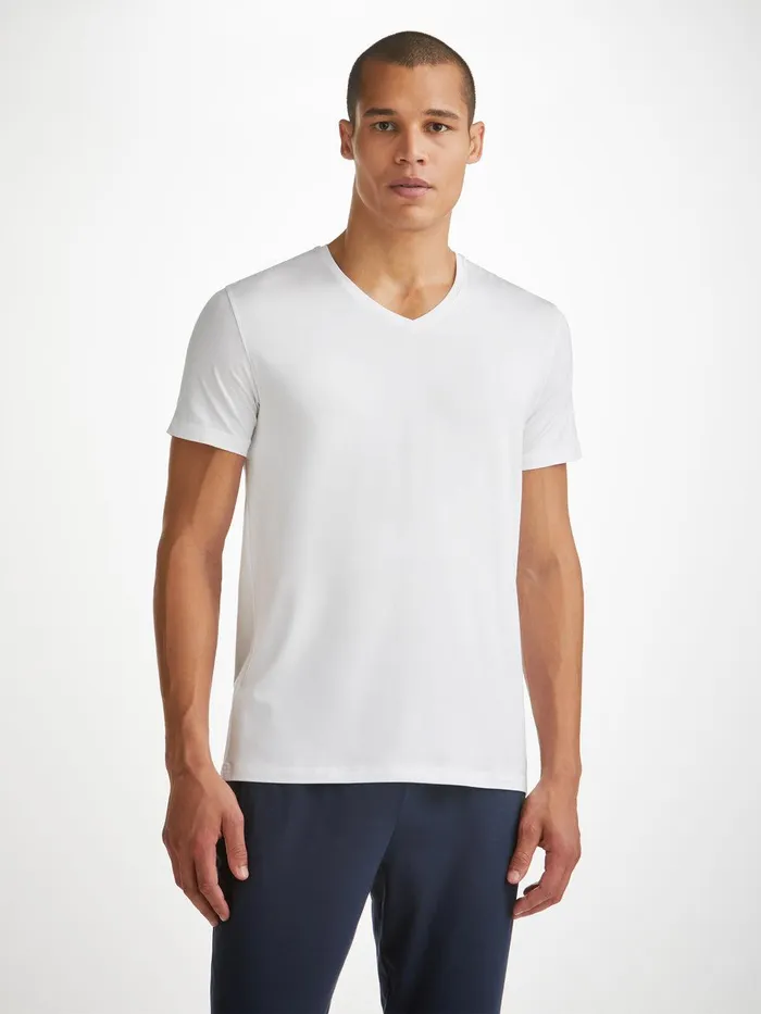 Derek Rose VNeck TShirt Basel Micro Modal Stretch White Men Short Sleeve TShirts