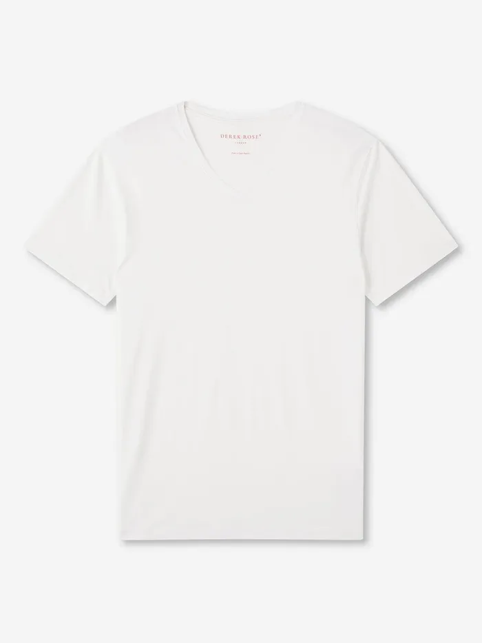 Derek Rose VNeck TShirt Basel Micro Modal Stretch White Men Short Sleeve TShirts