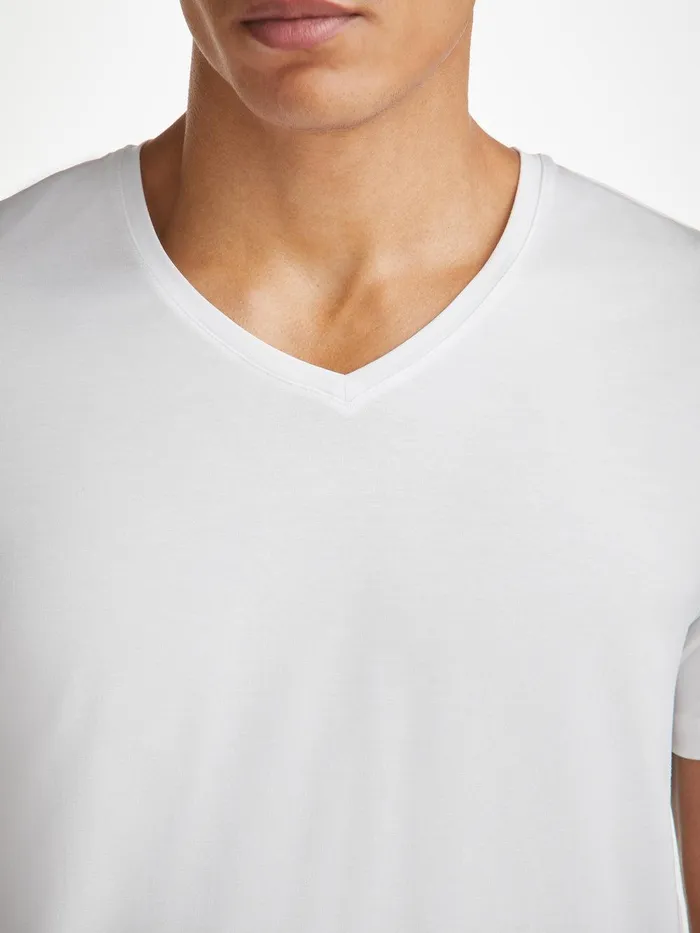 Derek Rose VNeck TShirt Basel Micro Modal Stretch White Men Short Sleeve TShirts