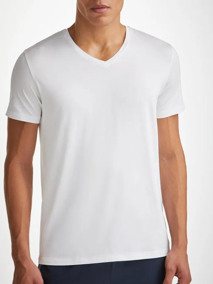 Derek Rose VNeck TShirt Basel Micro Modal Stretch White Men Short Sleeve TShirts