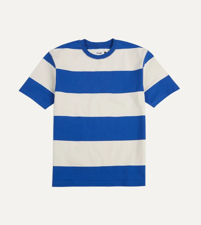 Drake039s Blue And White Wide Stripe Heavy Cotton Crew Neck Hiking TShirt Men TShirts