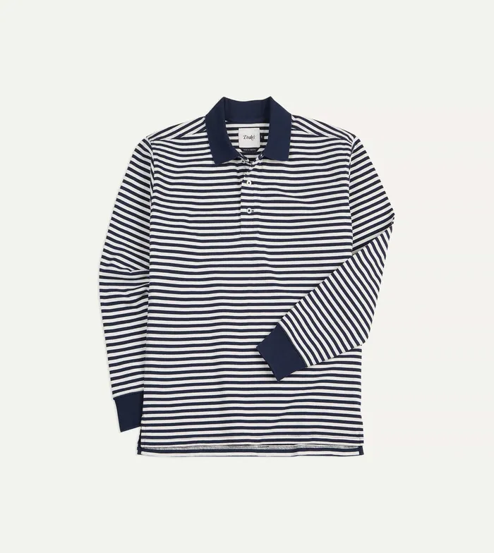 Drake039s Navy And Ecru Stripe Knitted Jersey Cotton LongSleeve Polo Shirt Men Polos and Sweatshirts Drake039s Navy And Ecru Stripe Knitted Jersey Cotton LongSleeve Polo Shirt Men Polos and Sweatshirts