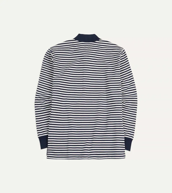Drake039s Navy And Ecru Stripe Knitted Jersey Cotton LongSleeve Polo Shirt Men Polos and Sweatshirts