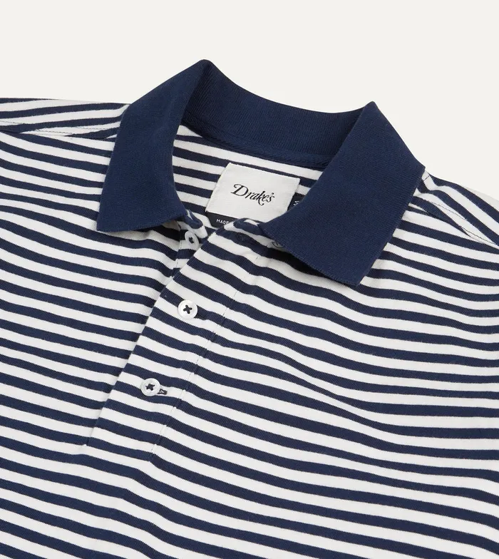 Drake039s Navy And Ecru Stripe Knitted Jersey Cotton LongSleeve Polo Shirt Men Polos and Sweatshirts
