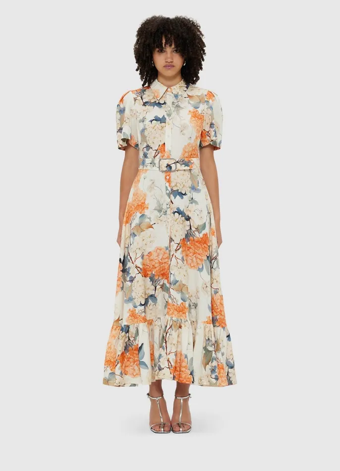Dresses and Jumpsuits Women LEO LIN Bianca Short Sleeve Midi Dress 8211 Hydrangea Print In Vanilla