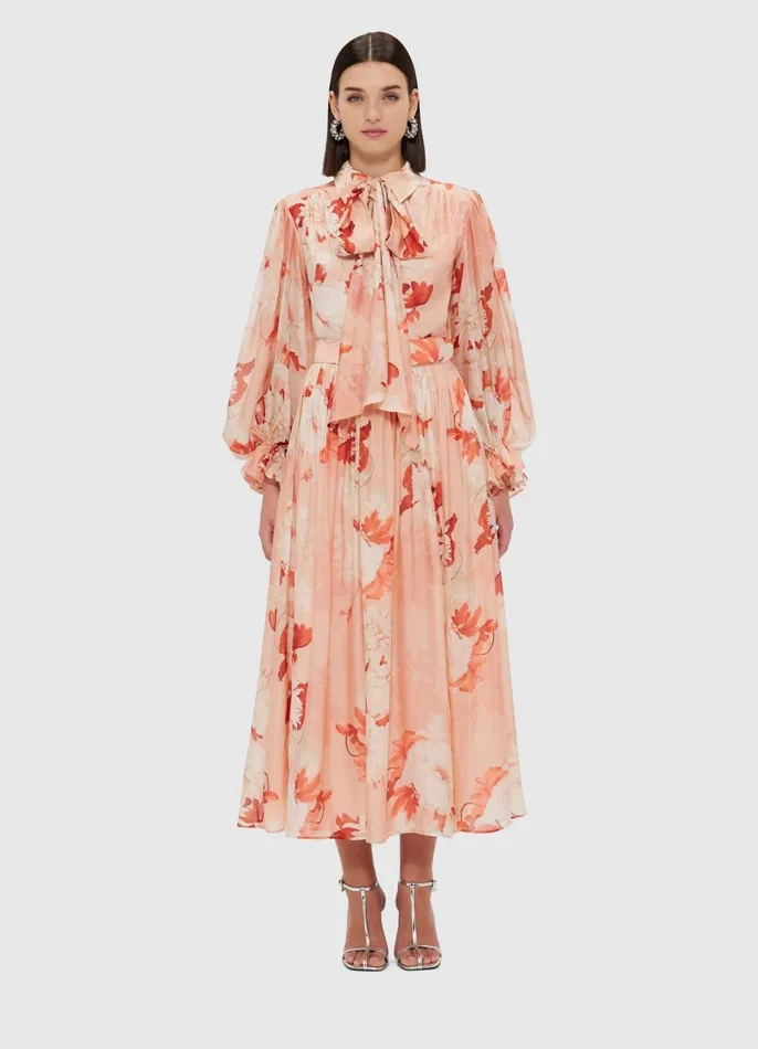Dresses and Jumpsuits Women LEO LIN Cassie Tie Neck Midi Dress 8211 Peony Print