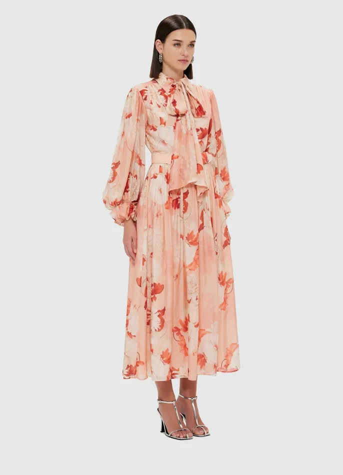 Dresses and Jumpsuits Women LEO LIN Cassie Tie Neck Midi Dress 8211 Peony Print