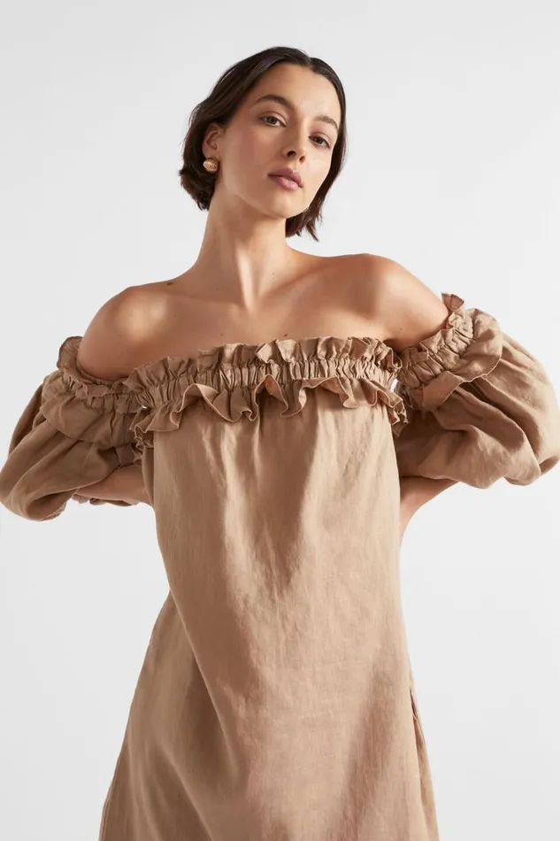 Dresses Woman Seed Heritage Linen Ruffle Off Shoulder Dress Barley