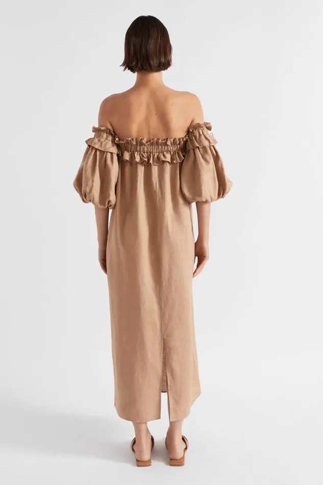 Dresses Woman Seed Heritage Linen Ruffle Off Shoulder Dress Barley
